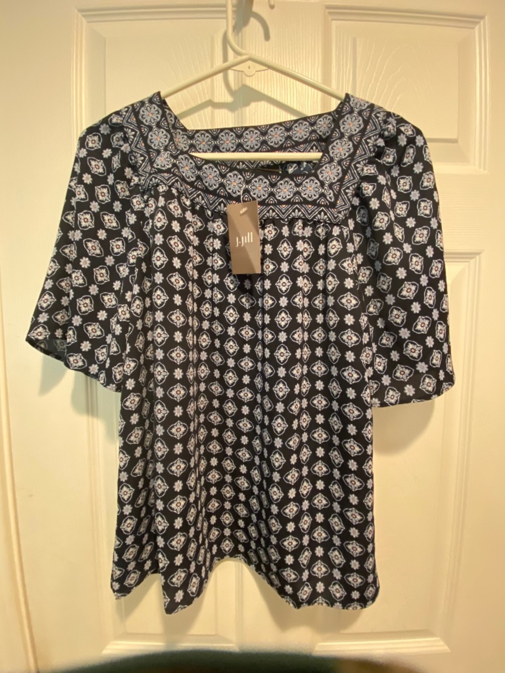 J. Jill Wearever Collection S Navy Blue Paisley Square Neck Top